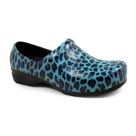 NWT AllHeart Unisex Blue Cheetah Print Closed Back Slip Resistant Clog 8 MED - Picture 1 of 8